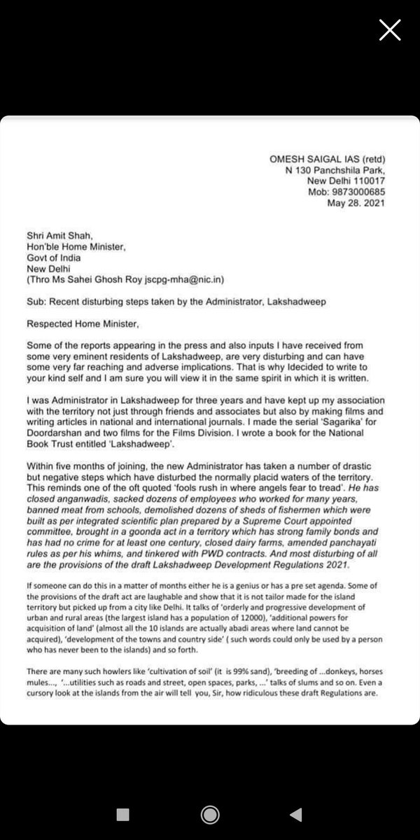 AseeManika's tweet photo. One of our  great former Administrator of Lakshadweep Omesh Saigal, IAS  has written a letter to Home Minister against the drastic negative steps taken by the present Administrator. We need such Civil Servants. Grateful Sir🙏🏼
#TogetherWithLakshadweep 
#RevokeLDAR https://t.co/T0cZkzDw4h
