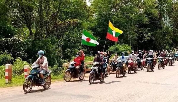Anti-regime protesters took to the streets on their motorbikes in Kyaukme, #Shan State on Saturday. (Photo: CJ) #WhatsHappeningInMyanmar
