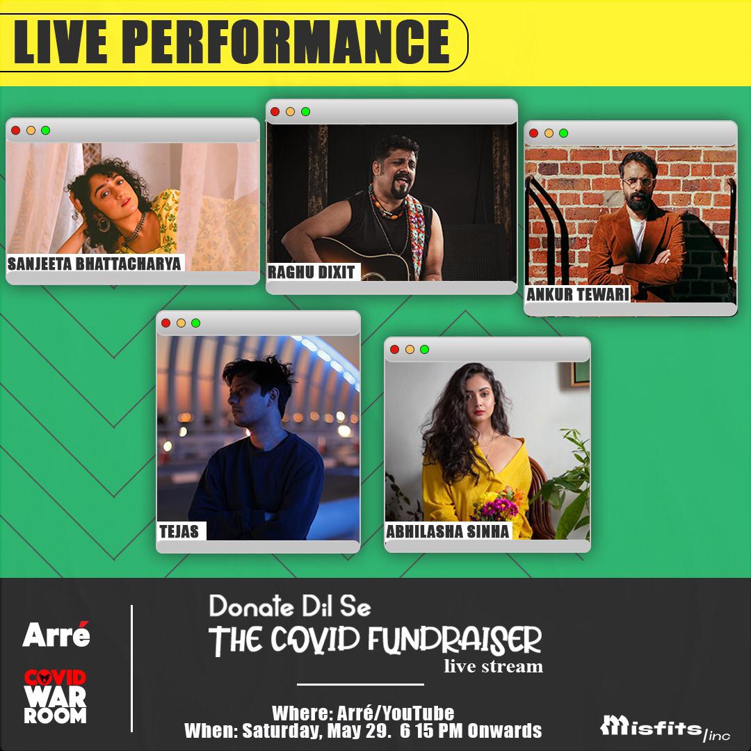 _covidwr's tweet photo. TODAY! Live performances by amazing artists @ankurtewari, @Raghu_Dixit, @tejasmenon, @sanjeeta1120, and @abhilasha_music for our fundraiser! 29th May 2021, 6:15 PM IST.
Link: https://t.co/JaInq6IlzK

Contribute: https://t.co/mnbOxFabhA

#CovidRelief #COVID19 #COVID https://t.co/5675SOsRZ2
