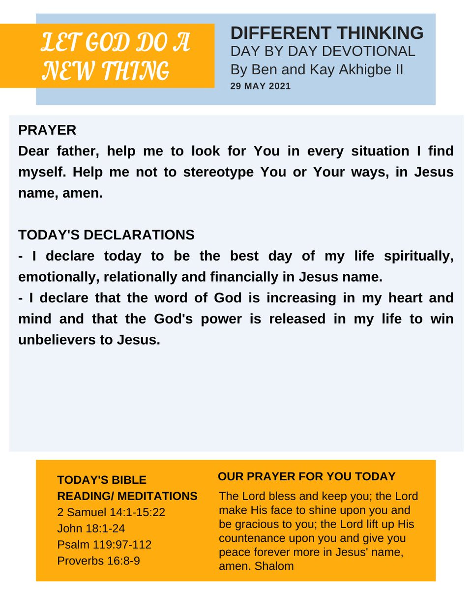ffilekki's tweet photo. Shalom Family!

We are bringing to you, today's Different Thinking Day by Day Devotional by Ben and Kay Akhigbe II

Title: Let God Do A New Thing

#FirmFoundation
#stretch2021
#differentthinking https://t.co/yG3kybBZx4