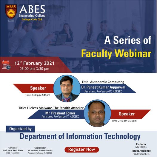 IAbesec's tweet photo. The Department of Information Technology, ABES Engineering College is organizing a series of faculty webinar. The speakers of the webinar are Mr. Prashant Tomer and Dr. Puneet Kumar Aggarwal, Assistant Professor, ABES Engineering College, Ghaziabad, Uttar Pradesh, India. https://t.co/rHoP2187Nh