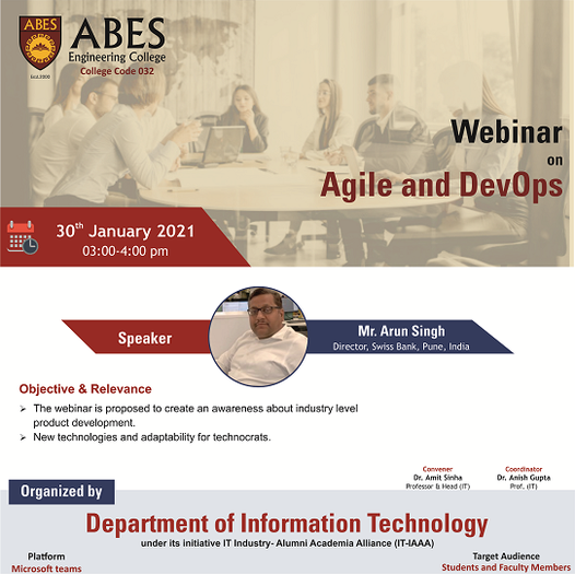 IAbesec's tweet photo. The Department of Information Technology under its initiative IT Industry- Alumni Academia Alliance (IT-IAAA) has organized a webinar on “Agile and DevOps". https://t.co/6oDW6ujpzQ