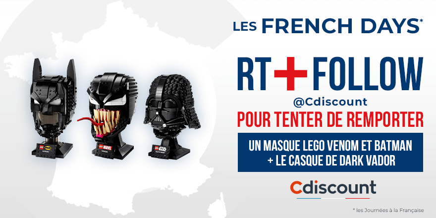 🎁 #Concours

C'est les French Days sur Cdiscount 🇫🇷
Les masques Lego Venom et Batman et le casque de Dark Vador sont à gagner
Pour tenter ta chance :

🔹 RT + Follow 
<a href="/Cdiscount/">Cdiscount</a>

🍀 TAS le 01/06