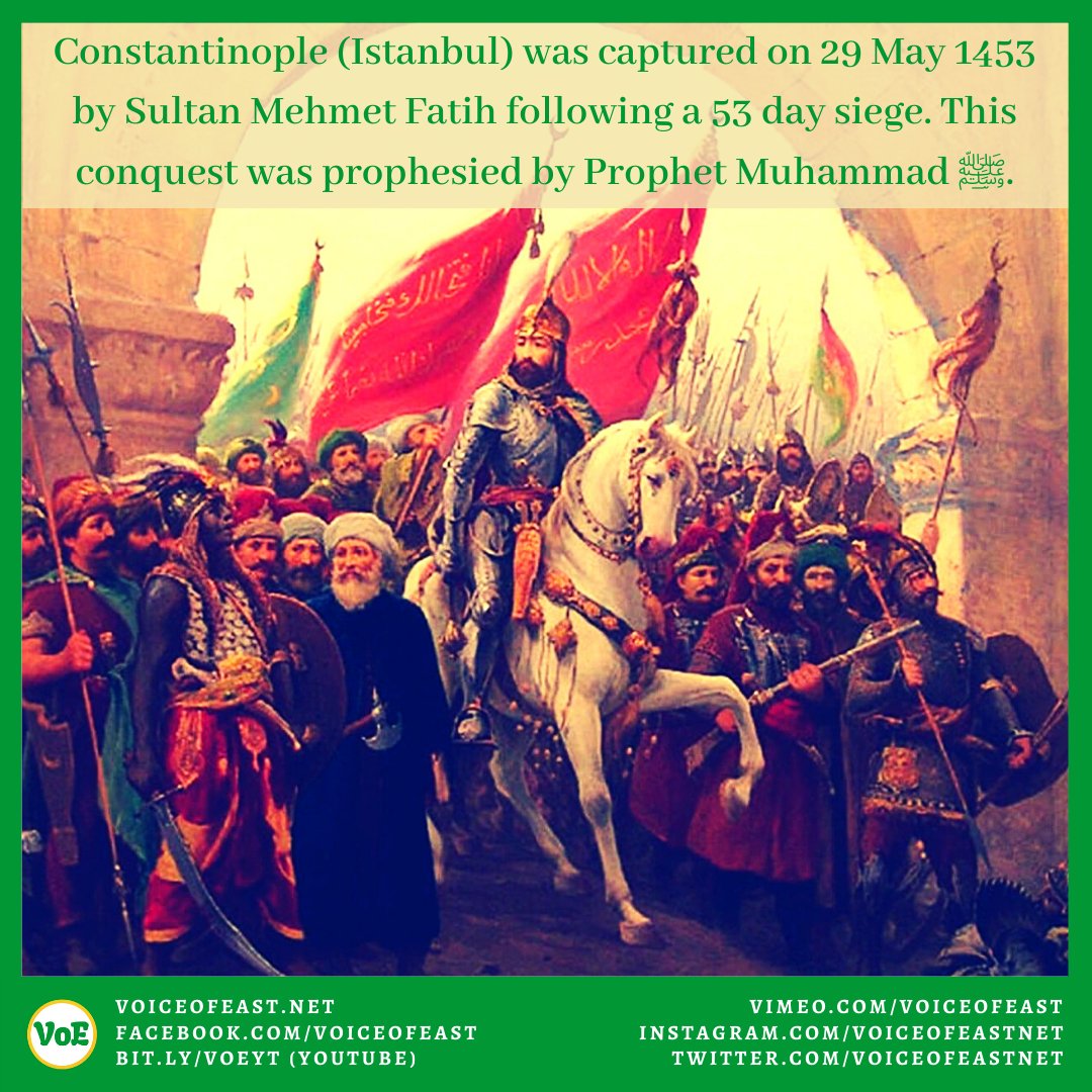#OTD in history, 29th May 1453, Sultan Muhammad Fatih (Mehmet, the Conqueror) captured Constantinople.

#Fetih1453 #Mehmet #IslamicHistory #istanbulunfethi #VoE #VoiceofEast

instagram.com/p/CPc-05xoGFd/