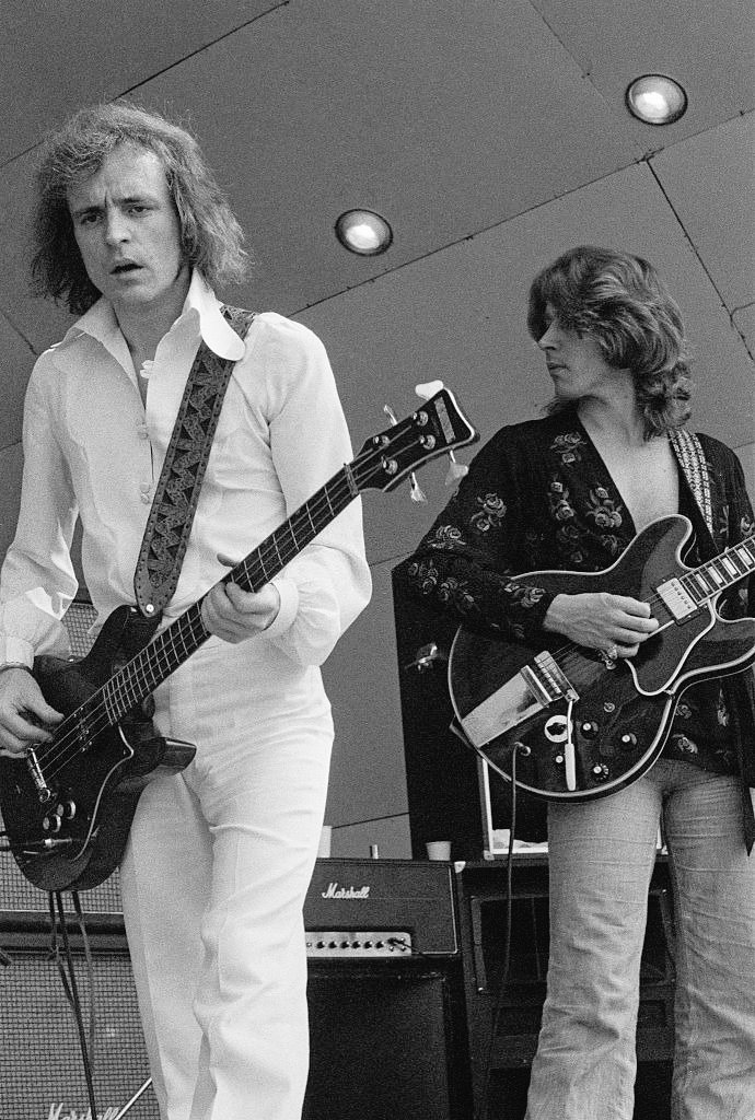#MickTaylor performs on stage with #JackBruce at Crystal Palace Garden Party,  June 1975.