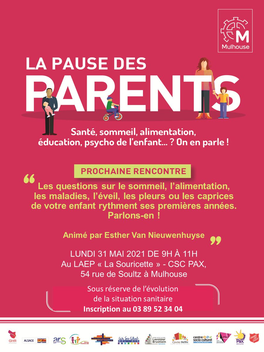mulhouse's tweet photo. Avec la #PauseDesParents, la Ville de #Mulhouse vous conseille gratuitement sur les questions #éducation & #santé🧑🍼
👉 Parlons des premières années de votre enfant : sommeil, alimentation, maladies, éveil, pleurs, caprices...
📆 Lu. 31 mai, à 9h
📍 LAEP La Souricette - #CSCPax https://t.co/XmVT4TK9B9