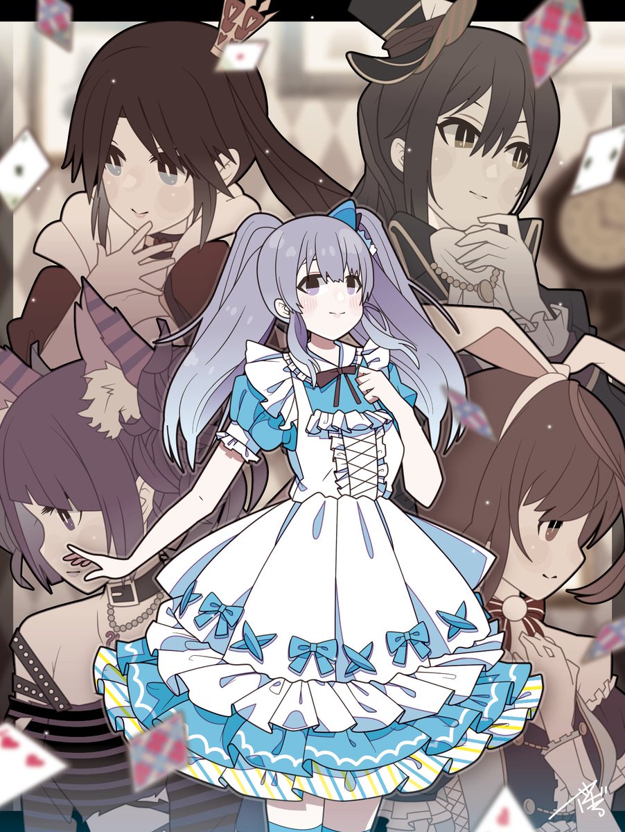 tanaka mamimi ,tsukioka kogane ,yukoku kiriko multiple girls alice (alice in wonderland) (cosplay) animal ears twintails card playing card dress  illustration images