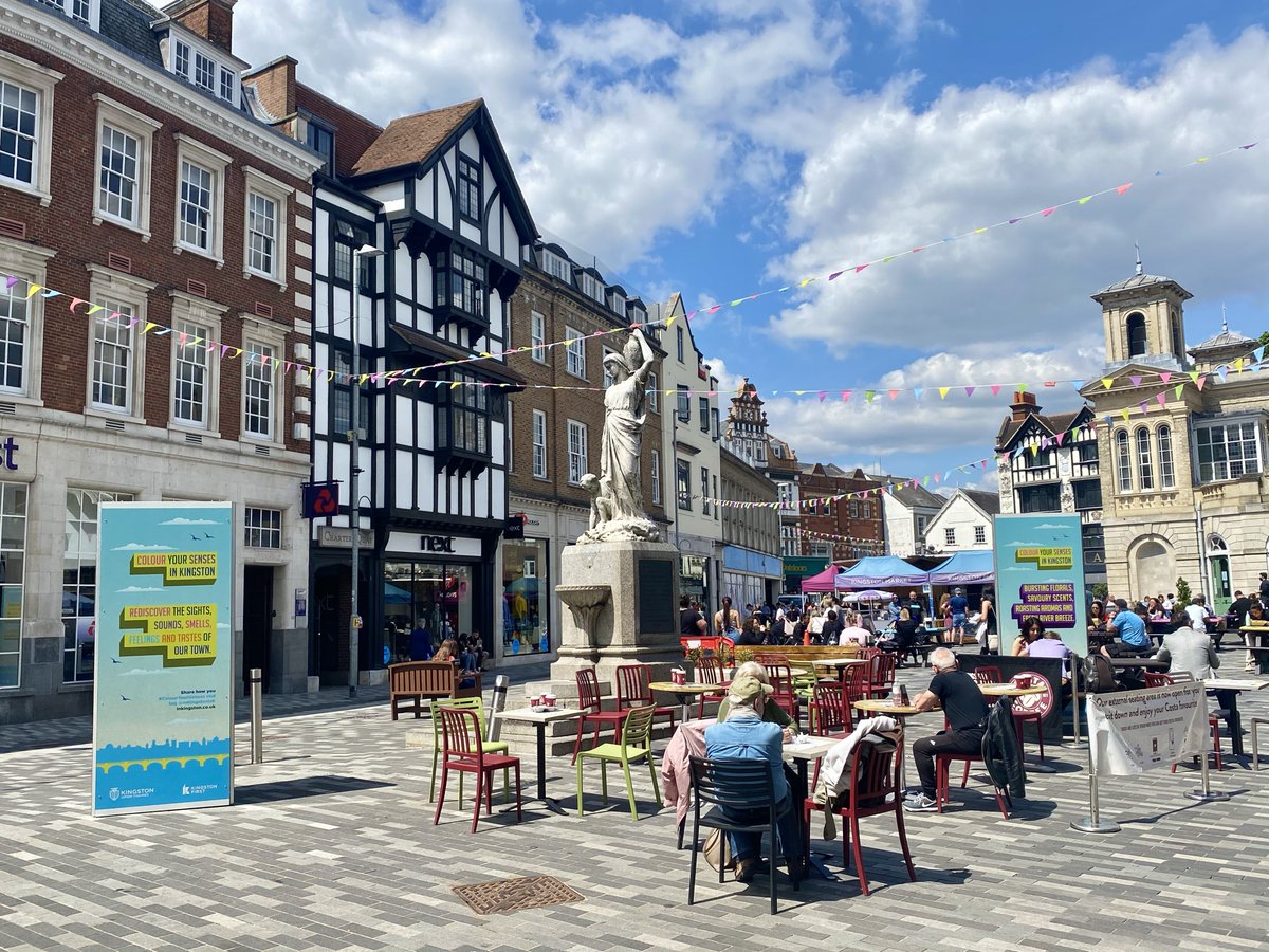 kingstonfirstuk's tweet photo. Hello Bank Holiday weekend! ☀️

Hands up if you're loving seeing our #ColourYourSenses bunting and benches around town?! 🌈 https://t.co/6gu758bLIv