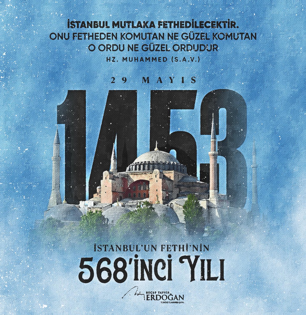 Tarihimizin en ihtişamlı zaferlerinden biri olan İstanbul'un Fethi'nin 568. yıl dönümünü tebrik ediyorum. 

Peygamber Efendimizin övgüsüne mazhar olan, bu eşsiz şehri medeniyet mirasımıza katan Fatih Sultan Mehmet Han’ı ve şanlı ordusunu rahmetle, hürmetle yâd ediyorum.