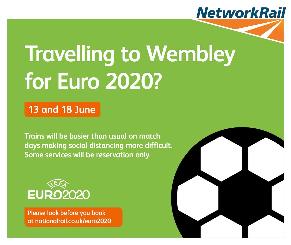 ⚽News for football fans and for those of you who don't follow the big game

🚂Trains on 13+18 June may be extra busy with fans travelling to #London and #Wembley for Euro 2020 matches

⚠️So social distancing may be more difficult

📲Pls check before you travel <a href="/nationalrailenq/">National Rail</a>