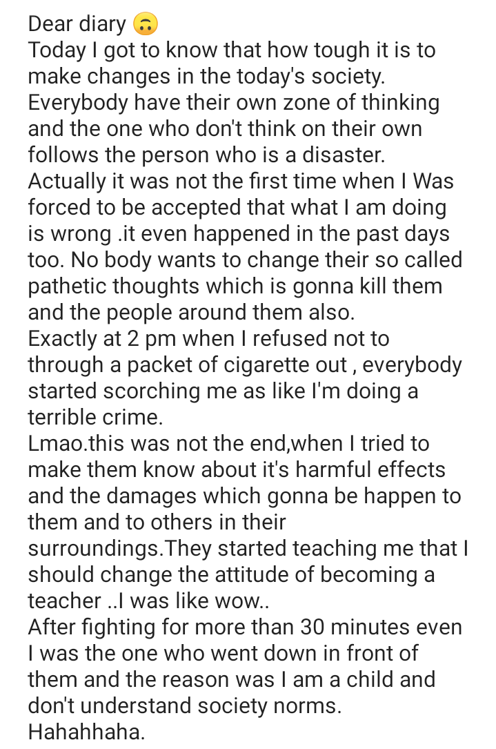 malwe08's tweet photo. Please read..
For U may be it's a pleasure or feeling of enjoyment but it will harm U and the person in your surroundings too..
#saynotocigarettes https://t.co/4fHBnN7kCk