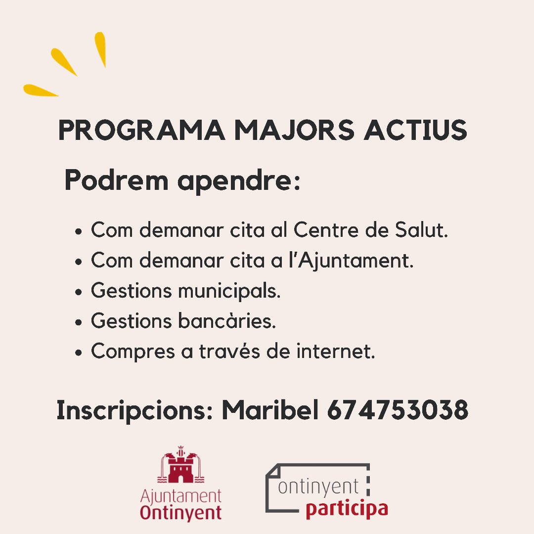 Inscriu-te a la formació en noves tecnologies on podràs aprendre a fer gestions municipals,bancàries, compres a través d'internet <a href="/ajOntinyent/">Ajuntament d'Ontinyent</a> 

Primer grup:1 i 3 de juny, de 09 a 11.
Segon grup: 1 i 3 de juny de 11:30 a 13:30

ℹ Places limitades. Inscripcions: Maribel 674753038