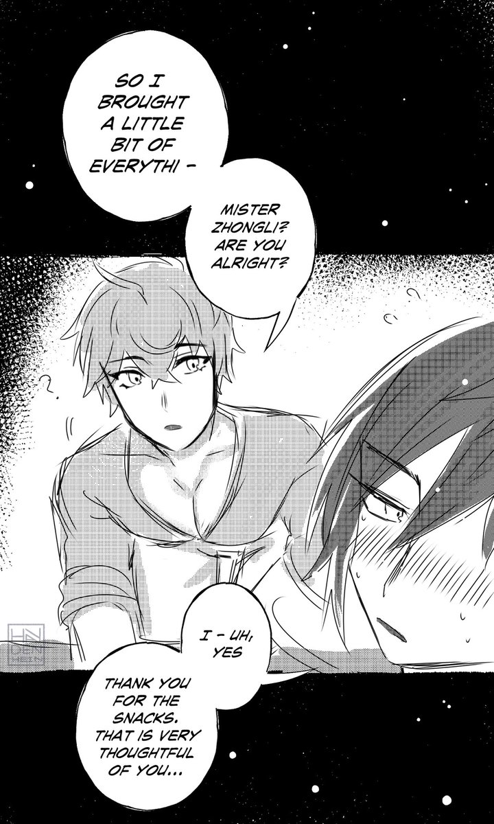 #ZhongChi
🔶💧

draw this from 'Entirely out of spite'

childe finally cook a meal for zhongli😭😭😭it is so good! ...love the cooking scene so much ...I need to quick draw it😭💕... @iambgtea thank you for your hard work again!✨ 