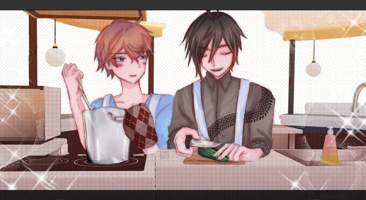 #ZhongChi
🔶💧

draw this from 'Entirely out of spite'

childe finally cook a meal for zhongli😭😭😭it is so good! ...love the cooking scene so much ...I need to quick draw it😭💕... @iambgtea thank you for your hard work again!✨ 