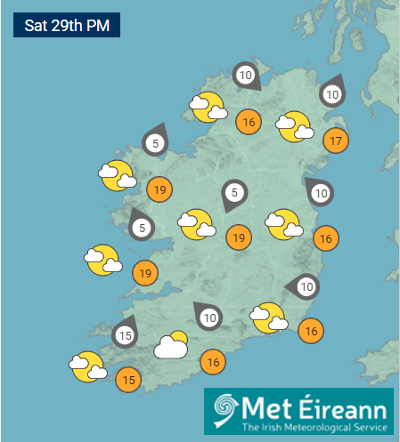 MetEireann's tweet photo. Mainly dry for the afternoon with the odd light shower possible.
Highest temperatures 🌡️ of 16 to 20°C, with good sunny spells☀️at times for all! 😎
#ghrian https://t.co/jYGq0V5d7i