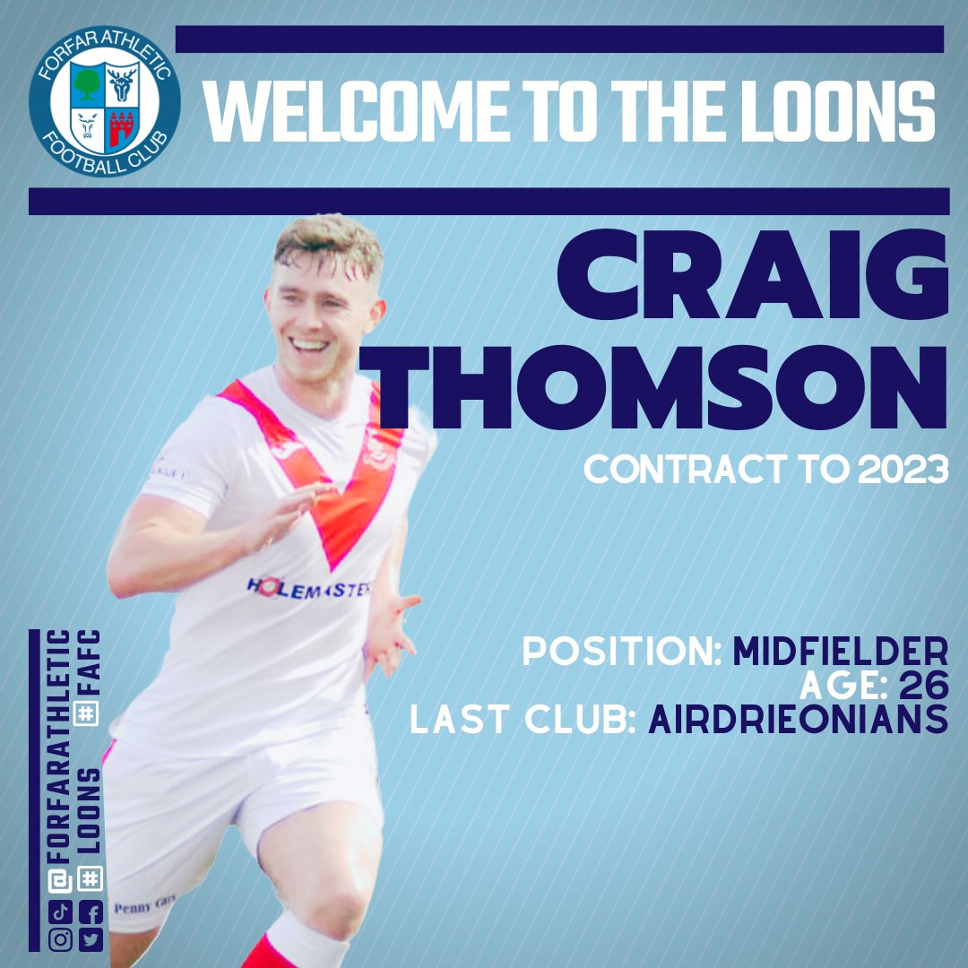 ForfarAthletic's tweet photo. 🖊️Signing news ... 

🤝Welcome to the Loons - Craig Thomson 
⚽️Midfielder
🏟️Previous clubs: St Johnstone; Elgin City (loan); Stranraer (loan); East Fife; Brechin City; Airdrieonians 

#Loons  @CraigThomson44 

Read more at: ⬇️
https://t.co/F2pBjUQUI4 https://t.co/1h1v3HCJRZ