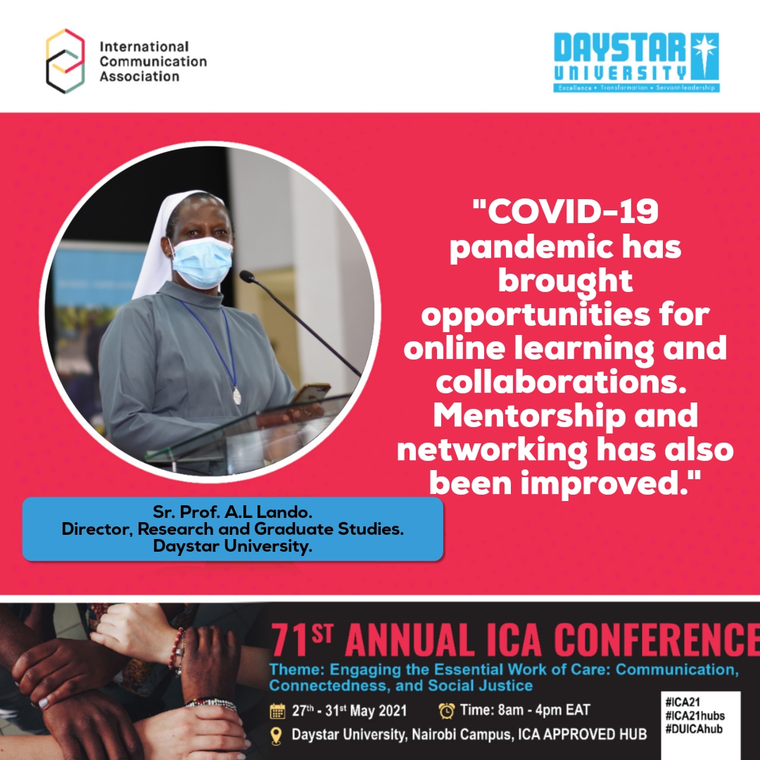 DaystarUni's tweet image. "COVID-19  pandemic has brought opportunities for online learning and collaborations.  Mentorship and networking has also been improved."
Sr Prof Lando Director, Research &amp;amp; Graduate Studies, @DaystarUni 

@DRGS_DU @icahdq @rnnyaga @ayuyacarol
#ICA21 #ICA21hubs #DUICAhub