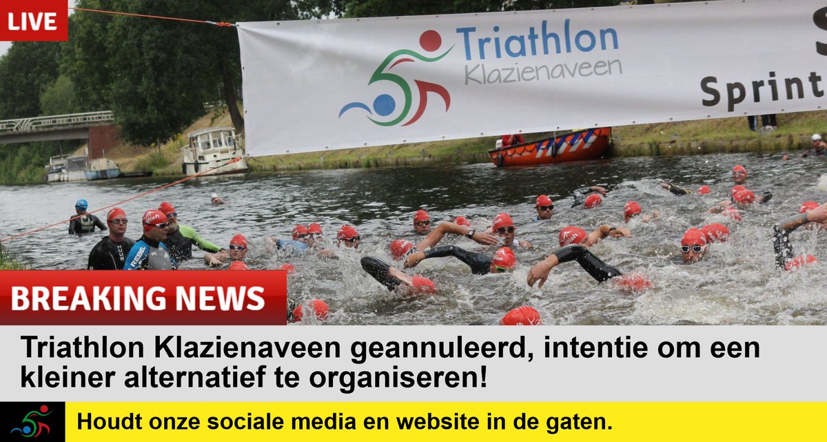 Helaas kan ons oorspronkelijke idee niet doorgaan. We hebben de intentie om een kleinere triathlon te organiseren. Lees meer in het nieuwsbericht op onze website. triathlonklazienaveen.nl <a href="/triathlonNL/">Triathlon Bond (NTB)</a> <a href="/TrikipediaNl/">Trikipedia.nl</a> <a href="/KlazienaveenNL/">Klazienaveen Centrum</a>