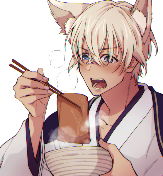 1boy male focus animal ears holding chopsticks solo open mouth  illustration images