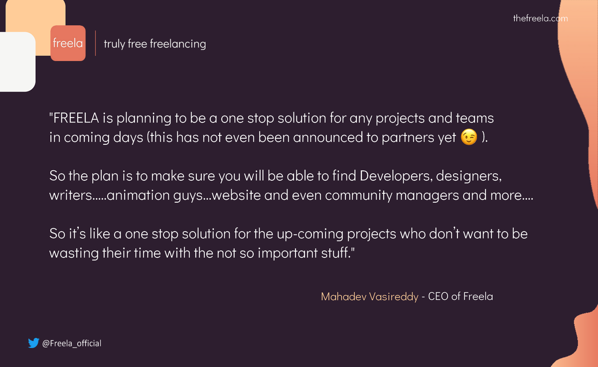 Our fee-less #Freelance platform is coming in the next weeks... 👀 

Freela will be the one stop solution for any projects, teams, freelancers and companies in the #gigeconomy 😎

Read our Whitepaper here : 
➡️ thefreela.com/images/wp.pdf

$FREL #Fiverr #Upwork #blockchain