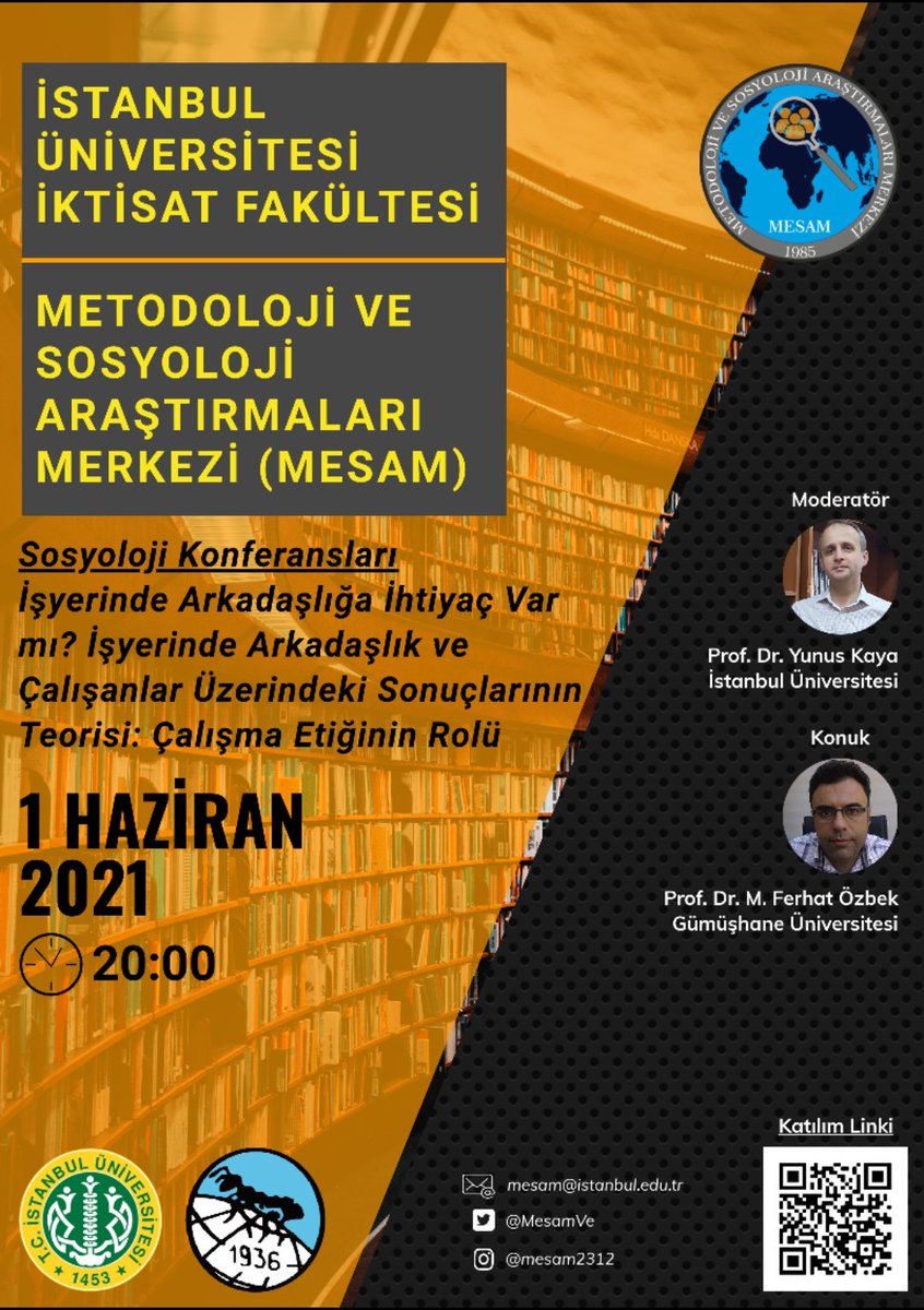 Metodoloji ve Sosyoloji Konferanslarımız Prof. Dr. Ferhat Özbek'in konuk olduğu "İşyerinde Arkadaşlık ve Çalışanlar Üzerindeki Sonuçlarının Teorisi" başlıklı son söyleşimizle çalışmalarına ara veriyor. Prof. Dr. Yunus Kaya moderatörlüğündeki etkinliğimiz 1 Haziran Saat 20.0'de.
