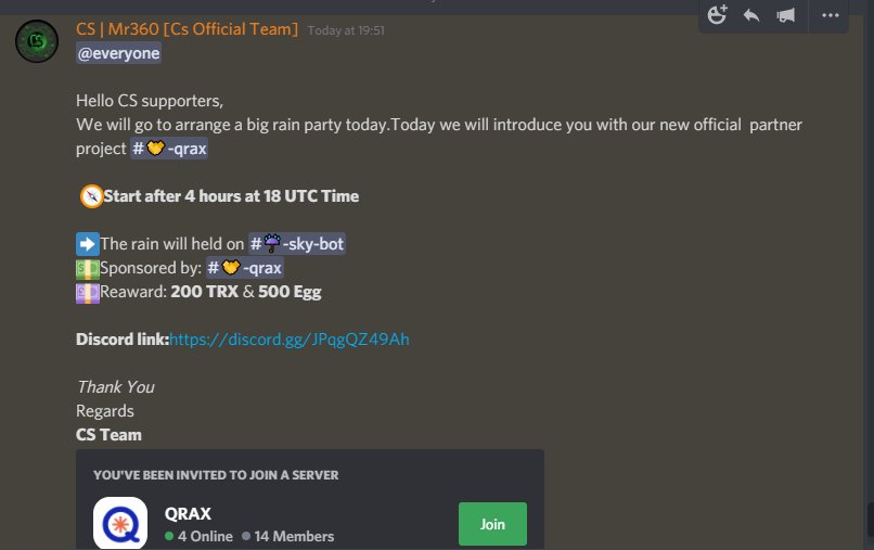 CryptoSky's tweet photo. Hello
We will go to arrange a big rain party today. We will introduce you with our new official  partner project QRAX
Start after 4 hours at 18 UTC Time

Join our Discord channel: https://t.co/yQLVkinrBA
and grab Trx and egg coin.

GoodLuck
CS TM https://t.co/EwyDwuCm8u