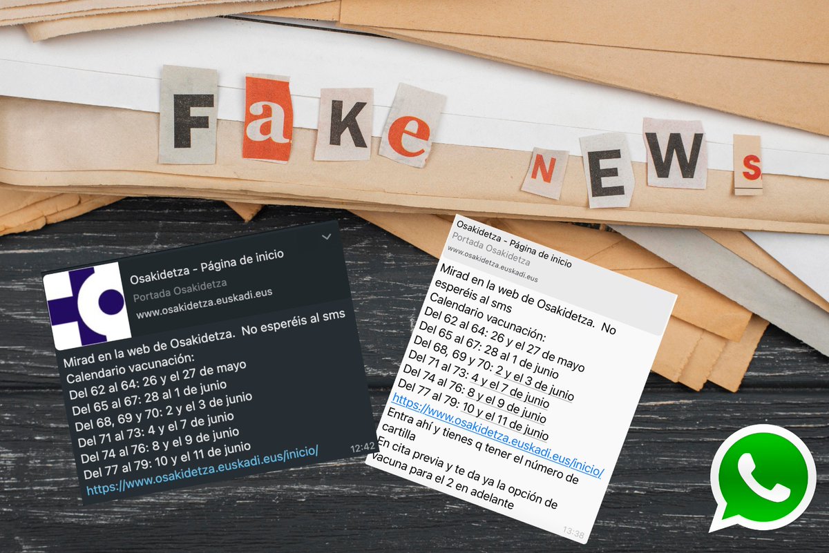 osakidetzaEJGV's tweet photo. ⚠️ FALSO ⚠️ Está propagándose este mensaje y queremos alertar de que es falso.

💉 La vacunación en Euskadi sigue su curso y será Osakidetza la que se ponga en contacto con el colectivo a vacunar, como ha sido hasta ahora. 

👉🏼 Solicitamos que ESPERÉIS a ser contactados. https://t.co/YeTjP7pzJ4