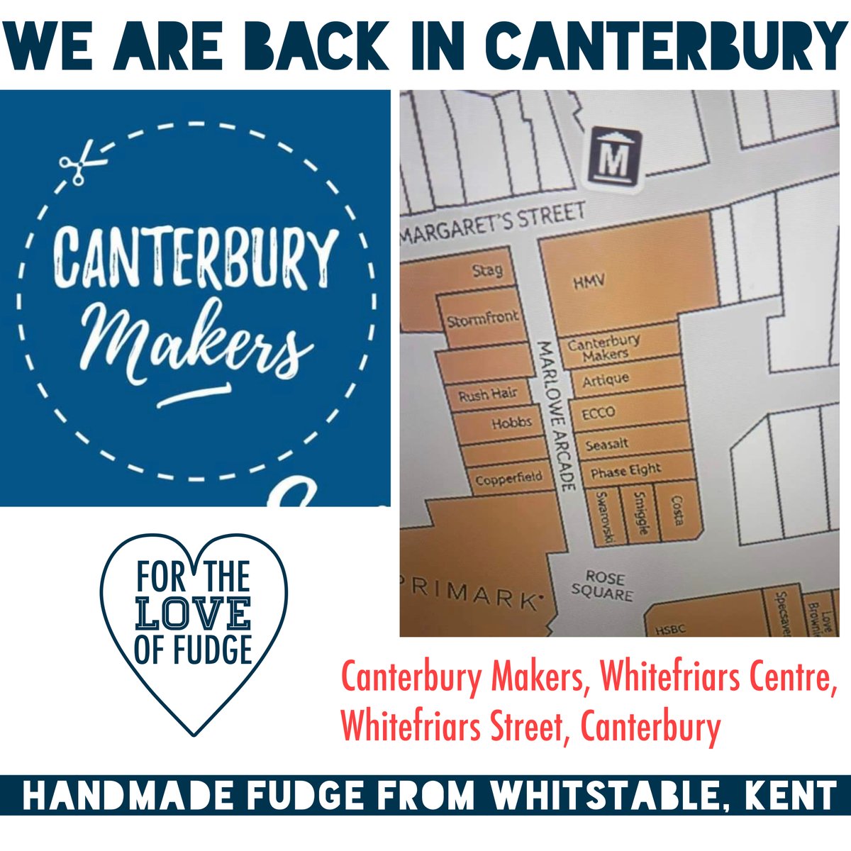 LoveofFudgeWhit's tweet photo. We are back at the lovely Canterbury Makers Shop! FIND US in the Whitefriars Centre, Whitefriars Street, Canterbury. If you are looking for a unique gift made by a local trader - LOOK NO FURTHER! #supportlocal #smallbusiness #bespokegifts #personalised #fudgetreat #fudgegifts https://t.co/8yuPKpG7Th