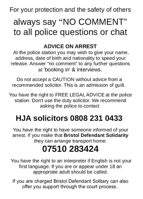BristolDefenda1's tweet photo. If you are attending today's #Bristol protest to #KillTheBill - be sure to pick up a #Bustcard full of legal info from one of the Independent #LegalObservers
Stay safe, #KnowYourRights &amp; look out for eachother! https://t.co/YkbRYKLNFy