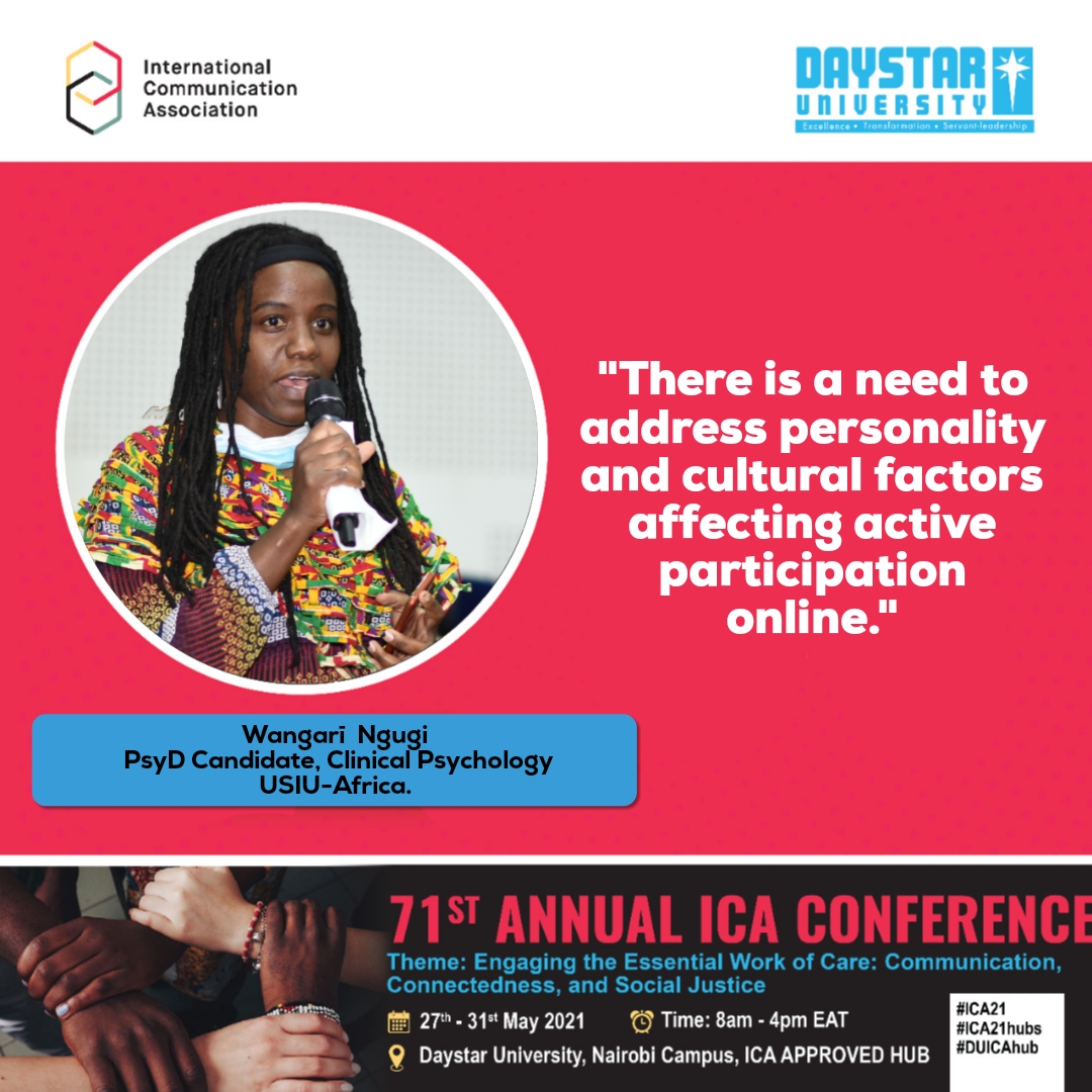DaystarUni's tweet image. "There is a need to address personality and cultural factors affecting active participation online."

Wangarī  Ngugi. PsyD Candidate, Clinical Psychology, @ExperienceUSIU 

@DRGS_DU @icahdq @uonbi @rnnyaga @COG_Ministries @ayiro_p @ayuyacarol 

#ICA21 #ICA21hubs #DUICAhub