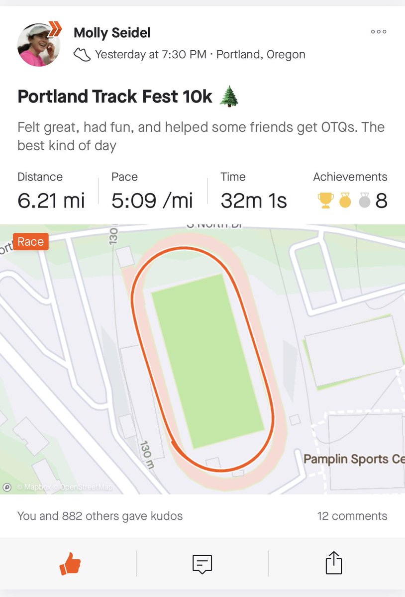 jojo_shea's tweet photo. Molly Seidel (@ByGollyMolly12) banging out a 5 mile tempo @ 5:19 pace 90 minutes before 32:02 10k at Portland Track Festival belongs in the Strava hall of fame #PortlandTrack https://t.co/xCfVXafcnb