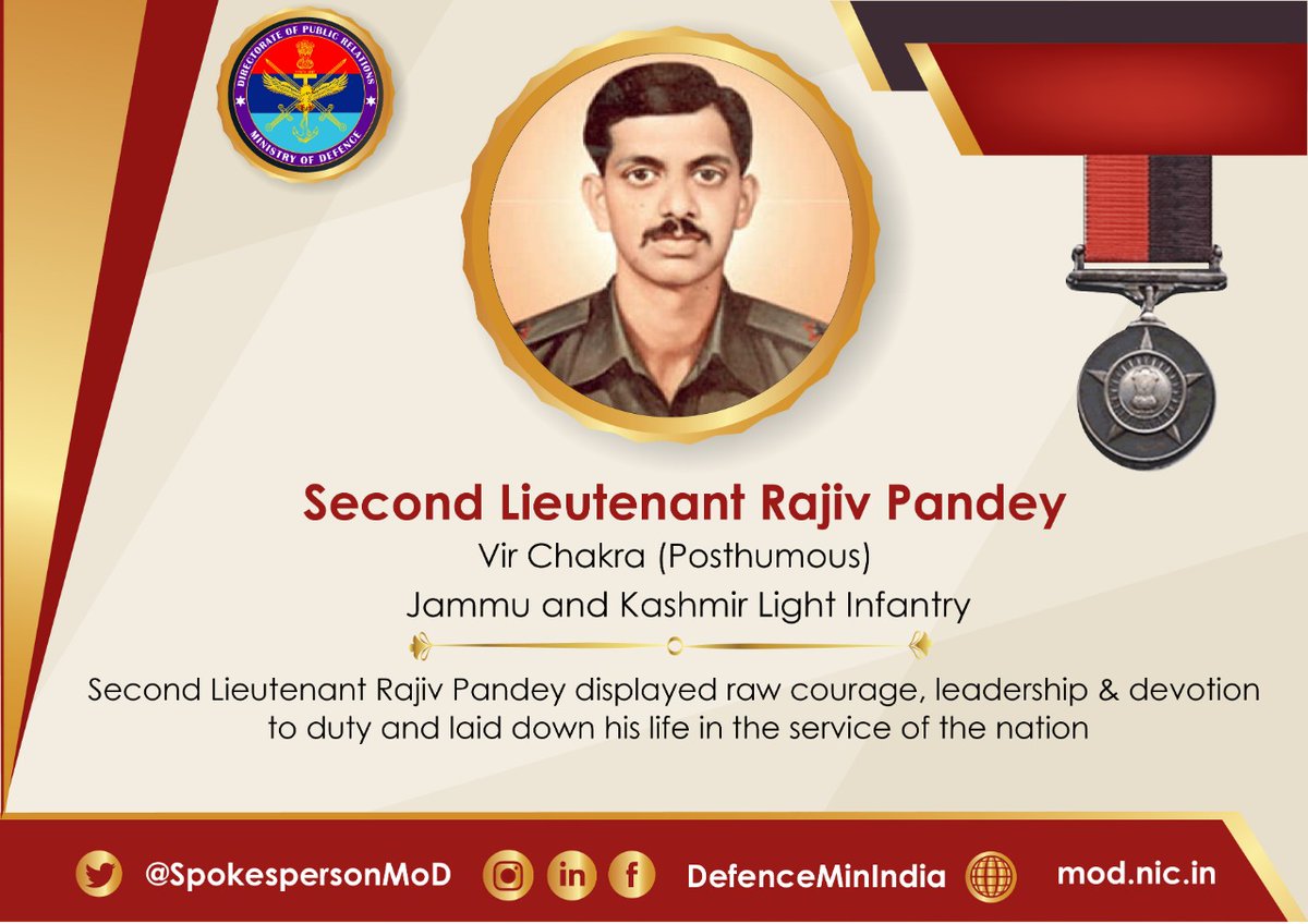 SpokespersonMoD's tweet photo. Remembering 2nd Lt Rajiv Pandey, VrC.  He laid down his life in service of the nation fighting the enemy on 29 May 1987. Awarded #VirChakra, (Posthumous) for his undaunted courage &amp; valour.  More at👉 https://t.co/iOj0XI4HRw @MoDGoIGA @salute2soldier @rajnathsingh @adgpi https://t.co/P9VBAhclnL