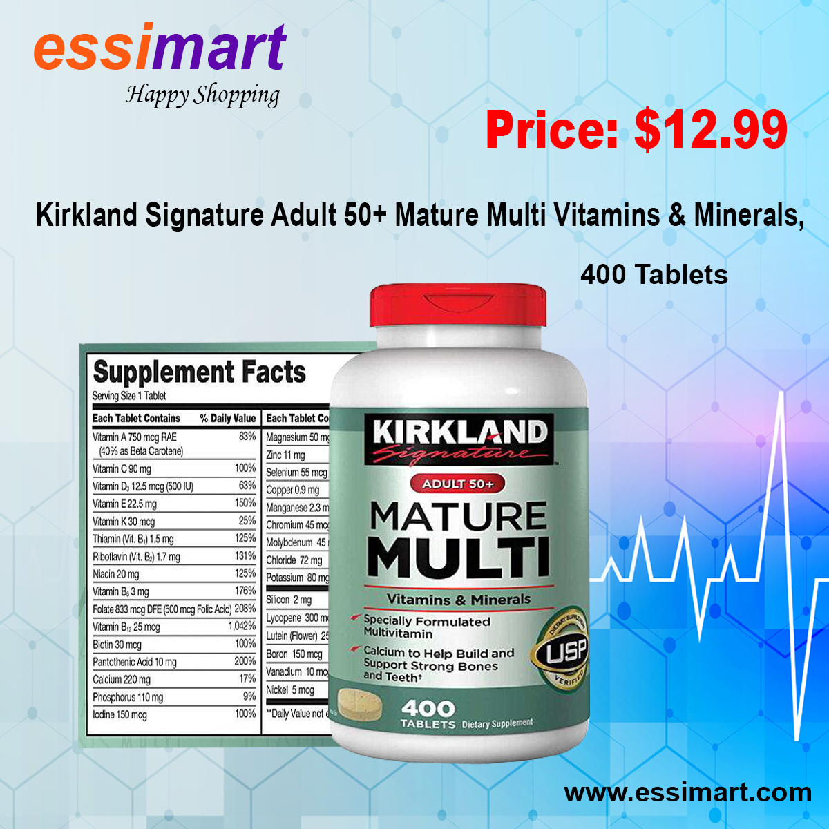 essimart's tweet image. Kirkland Signature Adult 50+ Mature Multi Vitamins &amp;amp; Minerals, 400 Tablets
Price: $12.99
Details: essimart.com
Features:
Specially Formulated Multivitamin with Calcium
Supports bone, teeth, and muscle health, cellular energy production.
Provides antioxidant support.