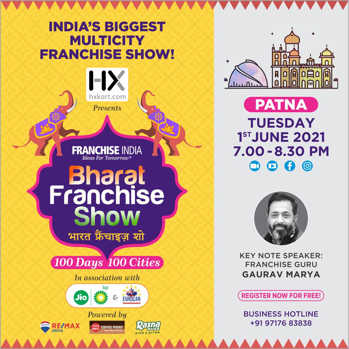 franchiseeindia's tweet photo. Bharat Franchise Show- India’s Biggest Multicity Franchise show is all set to kick start the first chapter with its #Patna edition starting 1st June 

Showcasing some iconic brands and business opportunities. 

https://t.co/Bsd4kC2vWx

#BharatFranchiseShow #FranchiseIndia https://t.co/AlRZv9o27C