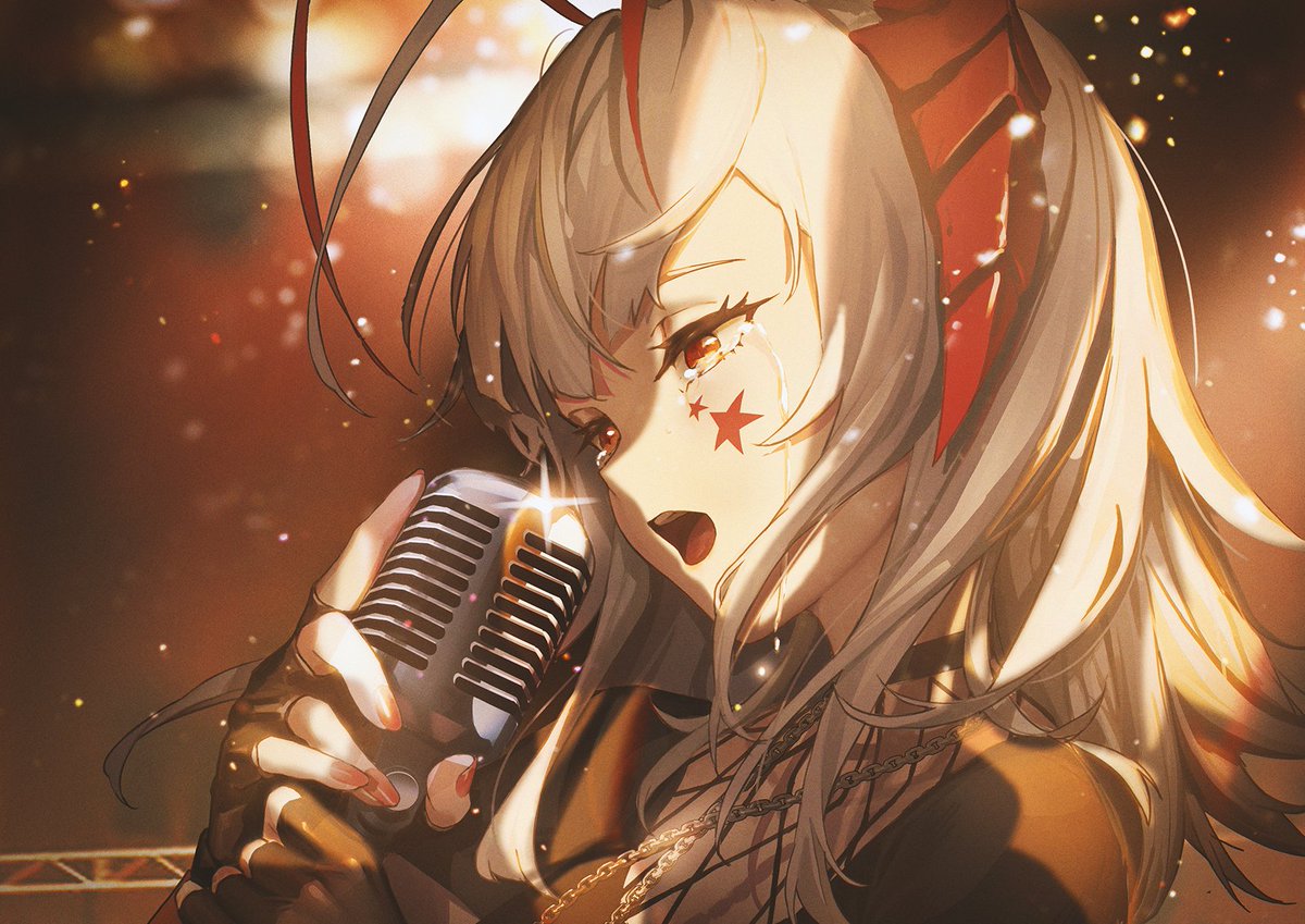 w (arknights) 1girl solo gloves horns microphone fingerless gloves open mouth  illustration images