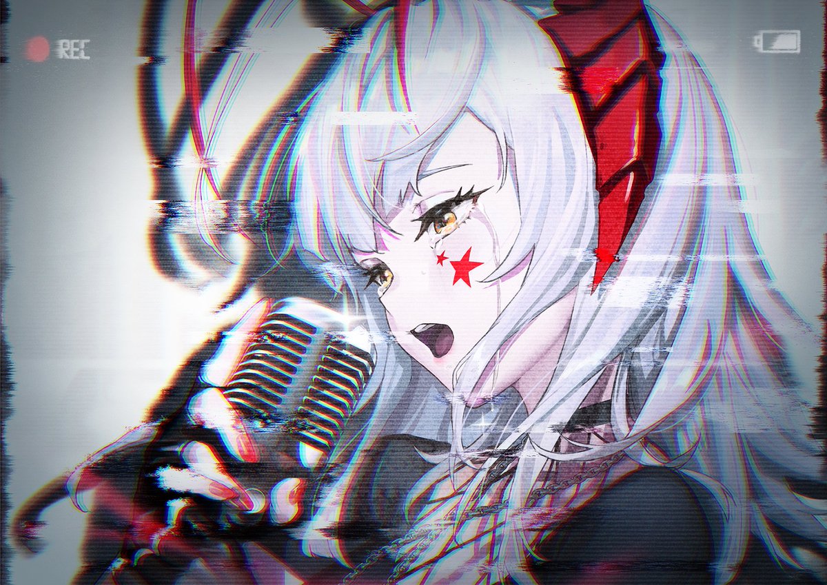 w (arknights) 1girl solo gloves horns microphone fingerless gloves open mouth  illustration images
