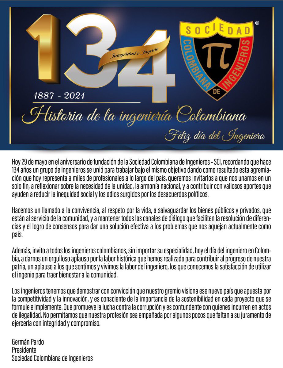 Gracias por exaltar la ingeniería y dejar en evidencia con vocación y entrega al servicio, la razón de ser de esta bella profesión, aportar al desarrollo del país.

¡Feliz día, ingenieros!