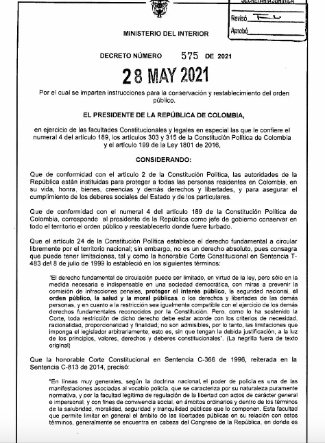David_Aramendiz's tweet photo. Presidente Iván Duque firma y anuncia Decreto 575 de 2021. (subido al Dapre, a la madrugada).  

Publicando un: “Decreto para restablecer y conservar el orden”, lo que sería un presunto "Estado de conmoción interior" disfrazado. 

RT
#ParoNacional29M
#SosJoeBiden https://t.co/vipOUS7Id4