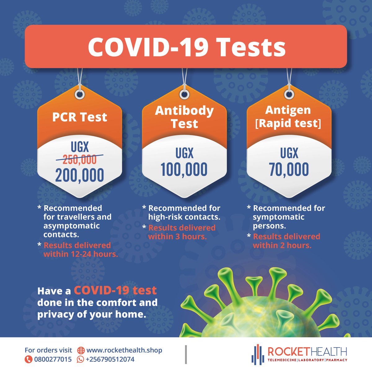 RocketHealthUG's tweet photo. Having any #Covid19 symptoms? Get a #Covid19 test done from the comfort &amp; safety of your home. 

If positive, we're here for you, the @RocketHealthUG home-based care plan is available to you under your insurance &amp; for cash-paying clients.

Dial *280# or call 0800277015(toll-free) https://t.co/VZblrnOhTy