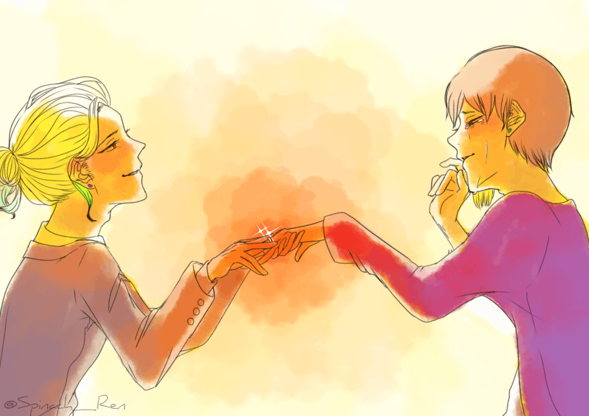 蓮 今日 なんの日だっけ クク 今日から俺らの結婚記念日だ 記念日は多い方が良いだろ なんでもない平日 に 普段着ないスーツで帰ってきてプロポーズされた 俺なんか部屋着なのに サプライズ 先越されたのは悔しいけど 大愛してるよ せんく