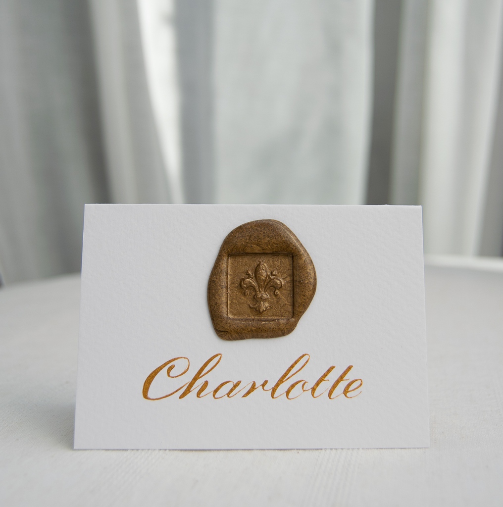 Simple, classic and elegant - perfect for weddings or events where less is more.  This tented A7 (when folded) place card with a wax seal and classic gold ink calligraphy on a slightly textured Tintoretto Gesso card is one of my favourite place cards.