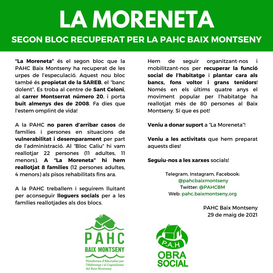 [FIL] ⚠️ 🏢 Atenció! Des de la <a href="/PAHCBM/">PAHC Baix Montseny</a> hem alliberat un SEGON BLOC d’habitatges propietat de la SAREB a #SantCeloni: LA MORENETA.

Al Carrer Montserrat número 20. Porta buit almenys des de 2008! Fa dies que l’omplim de vida.

Exigim lloguers socials! 👇👇
pahc.baixmontseny.org/neix-la-morene…
