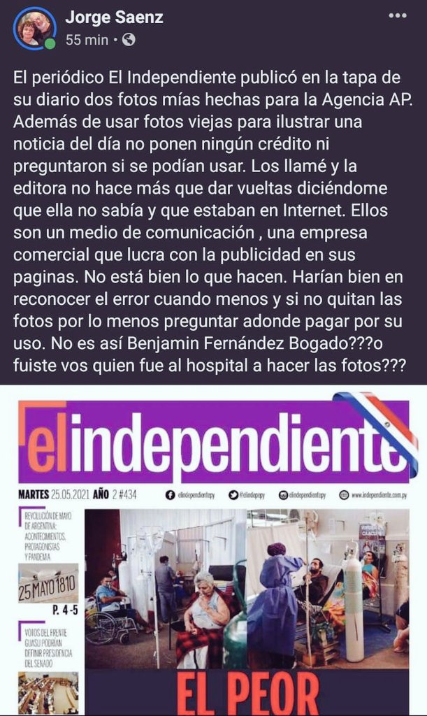 elespejopy's tweet photo. 🔍El reconocido fotógrafo @jorgesaenzpy lamenta la falta de ética profesional del diario @elindepepy, dirigido por @benjalibre

✳️ Utilizaron sus fotografías📸 para la agencia AP, sin permiso y ni lo mencionan en los créditos.

✳️No siquiera reconocieron su error👎🏼✖️

#ElEspejoPy https://t.co/spcKN3rJlh