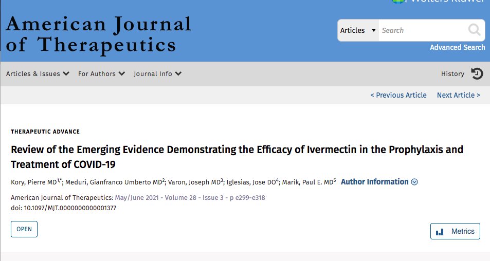 2 / The Kory et al review encompasses both observational and RCT data. It was published in early May in a peer-reviewed journal, the American Journal of Therapeutics, and is already the most-viewed paper in the journal’s history. It's also very readable. https://journals.lww.com/americantherapeutics/Fulltext/2021/06000/Review_of_the_Emerging_Evidence_Demonstrating_the.4.aspx