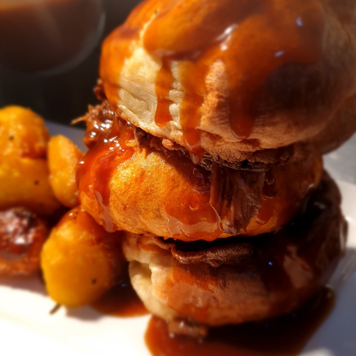 Sunday tomorrow, which means the Sunday Lunch Pattie..it goes like this..Yorkie Pud, veggie pattie, Brisket/Vegan roast 'chicken', gravy, Yorkie Pud, gravy..add roasties for extra carb based goodness. Apply to face. Wash it all down with sweet, sweet Atom ales!