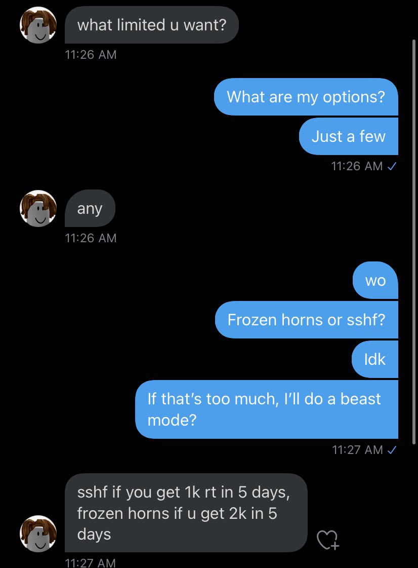 ezbray06's tweet photo. Hi everyone!  @MyUsernamesThis OFFERED ME LIMITEDS IF I GOT ENOUGH RETWEETS!  PLEASE HELP OUT BECAUSE THESE ARE MY DREAM ITEMS!!! https://t.co/btyeNbYmqO