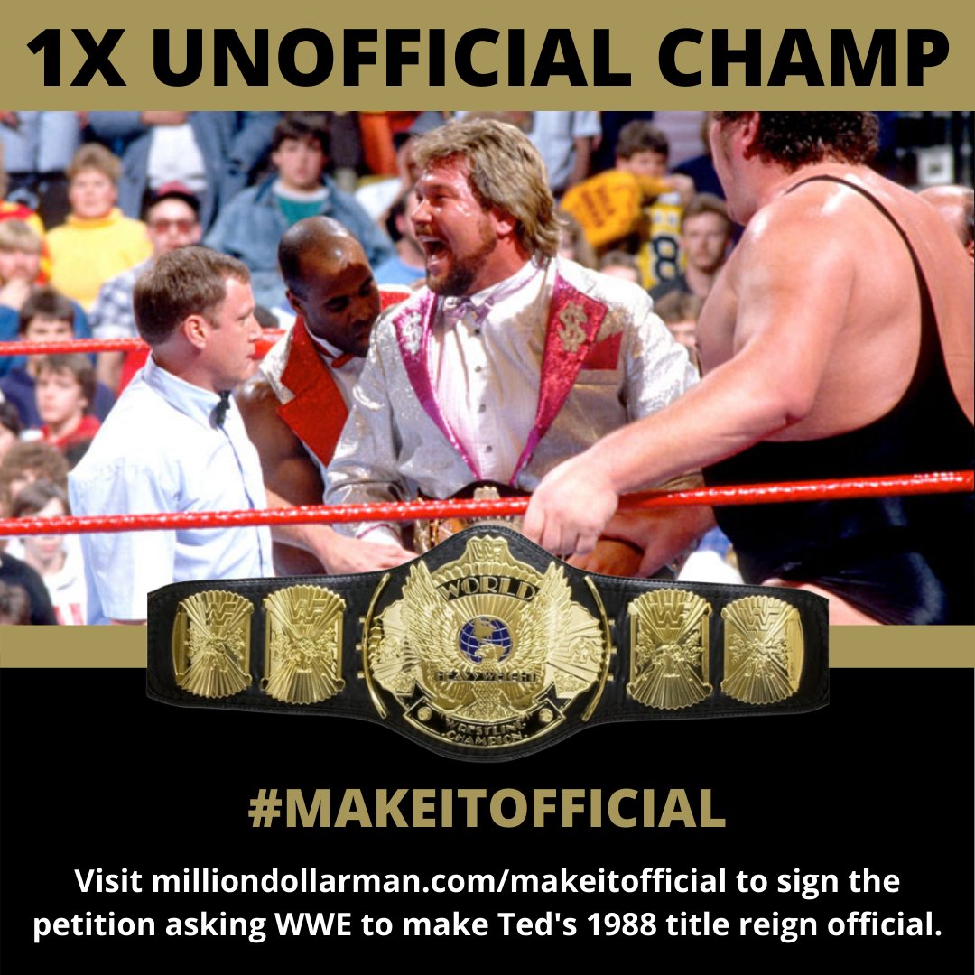MDMTedDiBiase's tweet image. Everyone’s got a price for the #MillionDollarMan, even @TheGiant46.  In 1988, Andre helped me win the championship from @HulkHogan.  @WWE doesn’t recognize this as an official title reign. With the help of the #WWEUniverse we can #MakeItOfficial. 

milliondollarman.com/makeitofficial