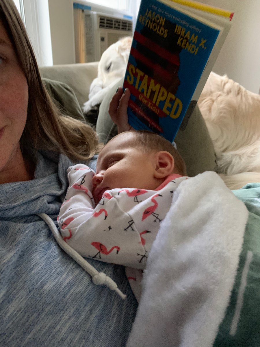 Tasha56AB's tweet photo. Baby/dog cuddles and Stamped (for kids) - can’t wait to share this with my 5th graders next year!! @JasonReynolds83 @DrIbram https://t.co/VrAgDiVrbJ