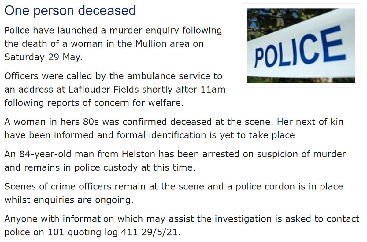 DC_Police's tweet photo. Police have launched a murder investigation near #Helston after a woman was confirmed deceased earlier today. One person is in police custody. Full details here: https://t.co/otx6sDhpm2 https://t.co/PvuY31S3du