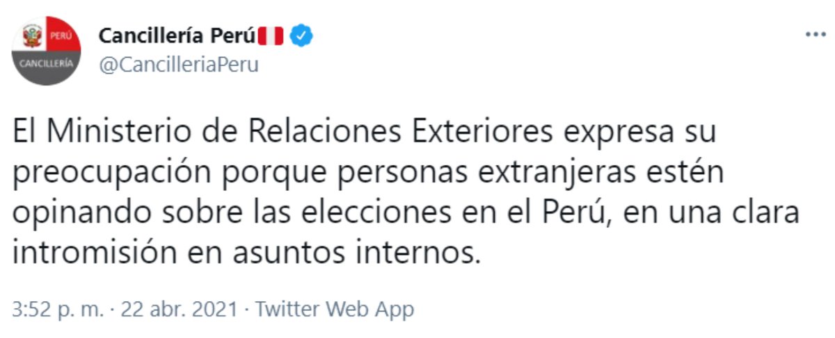 SinVerguenzasPE's tweet photo. ¿Qué decía la Cancillería hace unas semanas?
Se debería aplicar lo mismo para Leopoldo Lopez. 
¿Democracia o favoritismo politico? 

@CancilleriaPeru Debate Castillo Keiko IDICE Mujica Evo https://t.co/NFJgIBN8JK